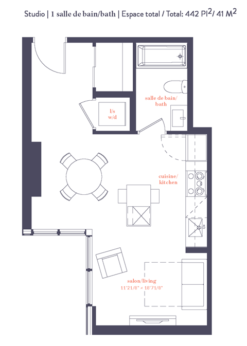 Floor plan for studio, 1 bath, 370 sqft